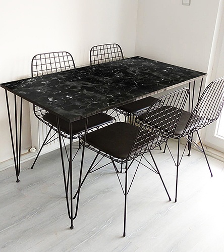 4 Kişilik 130X70 Masa Takımı (Mermer Desenli) + 4 Adet Tel Sandalye